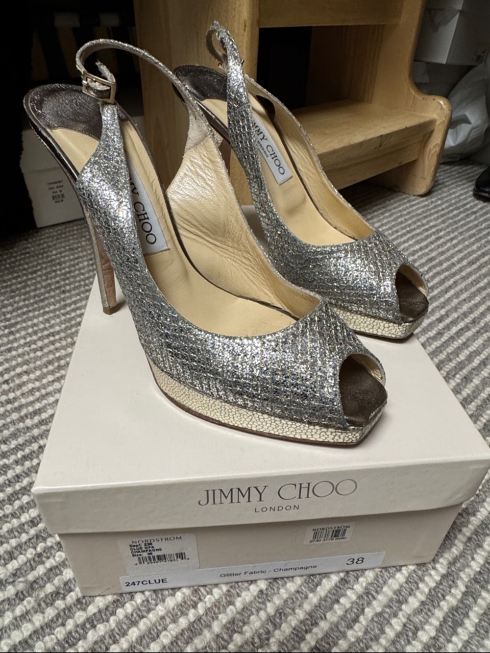 Jimmy Choo Silver Glitter Peep-Toe Slingback Heels